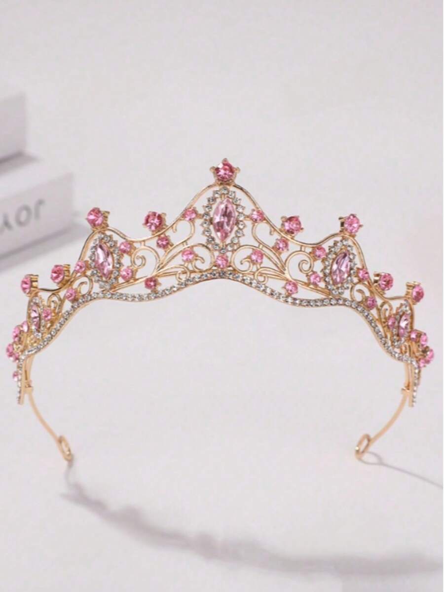 1 pieza Diadema de moda para mujer con corona 3D de princesa, dulce y lujosa, con strass, accesorio para el cabello de cumpleaños - rosa - Ver 1