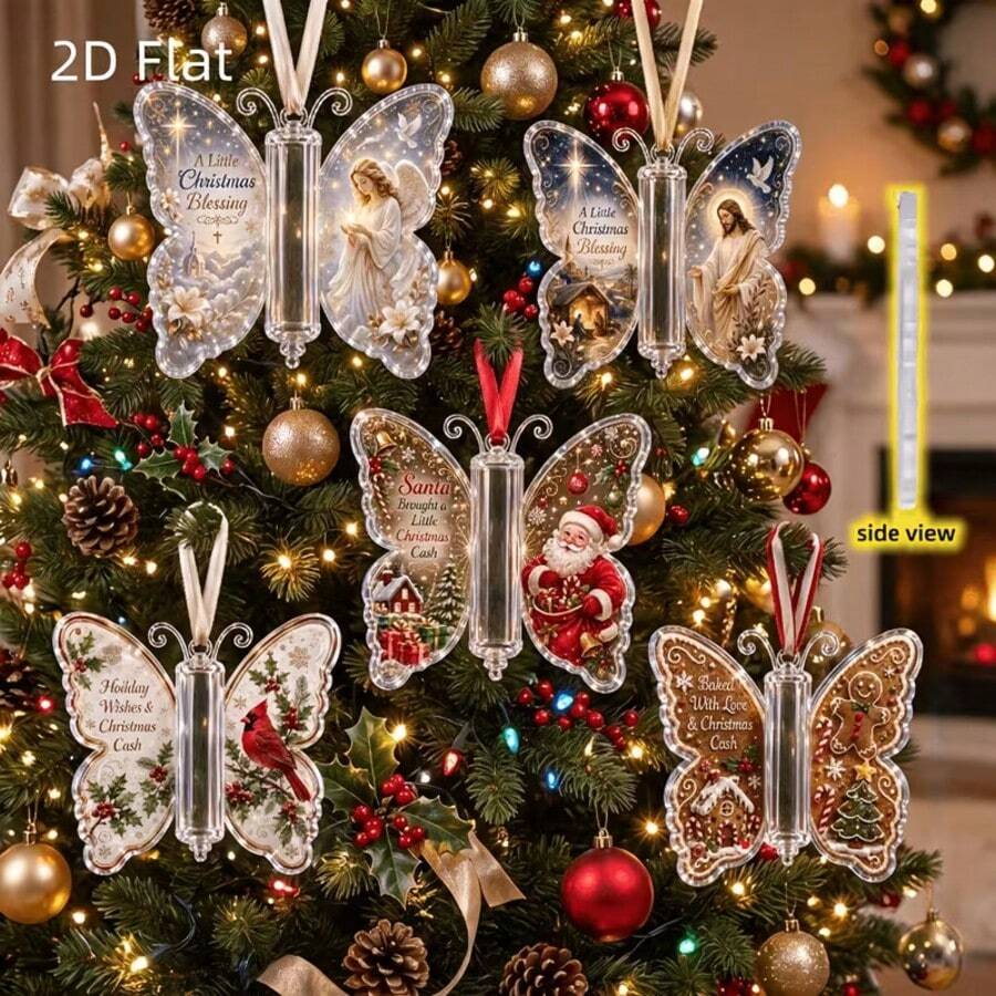 1pc 2D Flat Butterfly Christmas Tree Hanging Ornament & Hanging Decoration - Suitable For Home Decor, Asymmetrical Shape For Christmas Party - Free Butterfly Pattern For Holiday Decoration, Tree Top Ornament & Branch Decoration, 2D Flat - Multi-color - View 1