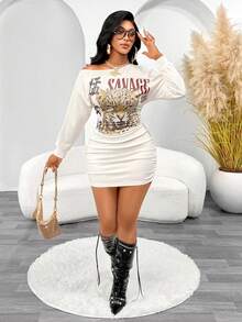 Women's Casual Leopard Print Asymmetric Collar Long Sleeve Fitted Mini Dress With Ruched Detail - Apricot - View 5