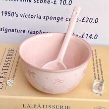 4pcs Ceramic Bowl Set With Bow Pattern - Includes 2 Bowls And Spoons, Dishwasher Friendly, Suitable For Cereal, Soup, Salad, Breakfast, Yogurt, Dessert And Ice Cream - Pink - Multicolor - View 15