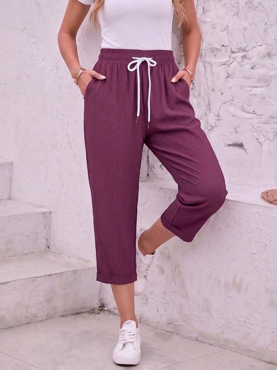 Jisfaneya Women's Solid-Color Lace-Up Pocket Casual Cropped Pants - Purple - View 1