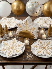 32/16Pcs Gold Foil Snowflake Napkins, White Gold Die-Cut Disposable Tissue For Christmas Holiday Table Decor - Multicolor - View 1