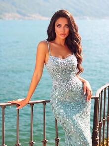 Women's Luxury Long Pearl Sequin Mermaid Formal Dress, Sleeveless Spaghetti Strap Bustier Design Zipper Dress, Suitable For Prom And Party - Mint Green - View 6