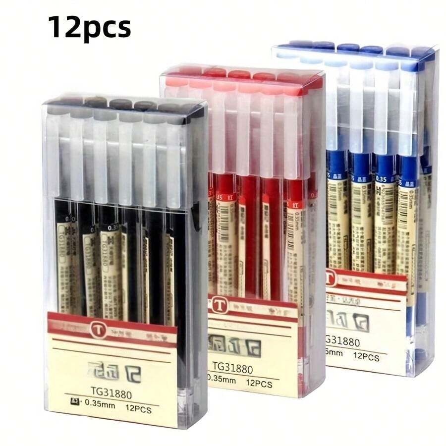 12pcs Japanese Fine Neutral Pens, 0.35mm Neutral Ink Ballpoint Pens, Plastic Material, Suitable For School And Office Use, Smooth Writing - Black, Blue, Red Ink Stationery Supplies - Gel Pens 12-pack - View 1