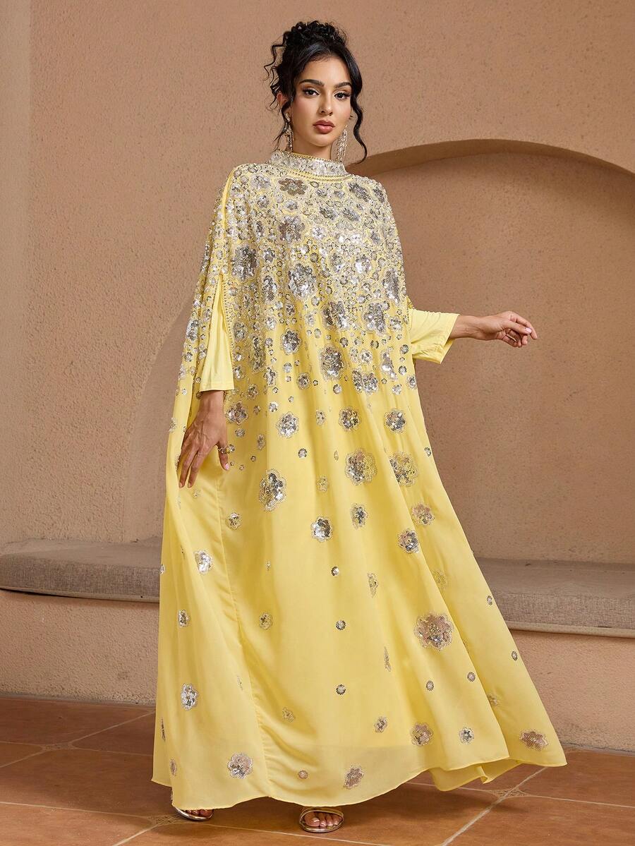JINLICX Luxury Yellow Kaftan Silver Rhinestone Sequin Floral Embroidery Cape Maxi Dress