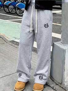 Celana Jogging Pria Gaya Amerika Santai Motif Bunga Abu-abu Kaki Lebar, Lipit 3D, Tali Serut Elastis, Panjang Hingga Lantai, Longgar, Kaki Lurus, Celana Panjang Kasual Olahraga - Light Grey - View 10