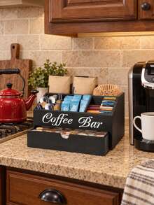 Coffee Bar Organizer Stand, Wooden Coffee Bar Accessory Organizer With Drawers, Coffee Station Organizer With Coffee Pod Basket, Coffee And Tea Condiment Organizer Stand, Kitchen Countertop Organizer, Coffee Pod Holder, Tea Bag Storage, Cafe Decor - Multicolor - View 6