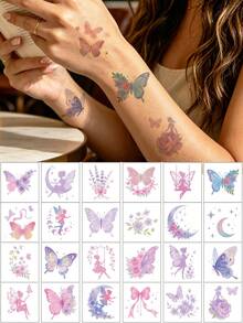 25pcs Butterfly & Flower Pattern Temporary Tattoos For Women Girl, Flower Fairy Tattoo Stickers For Face, Arm, And Body Decor, Waterproof Fairy Face Tattoos, Cute Fake Tattoos, Suitable For Valentine's Day, Festivals, Parties, Summer Dates, Cosplay - Multicolor - View 1