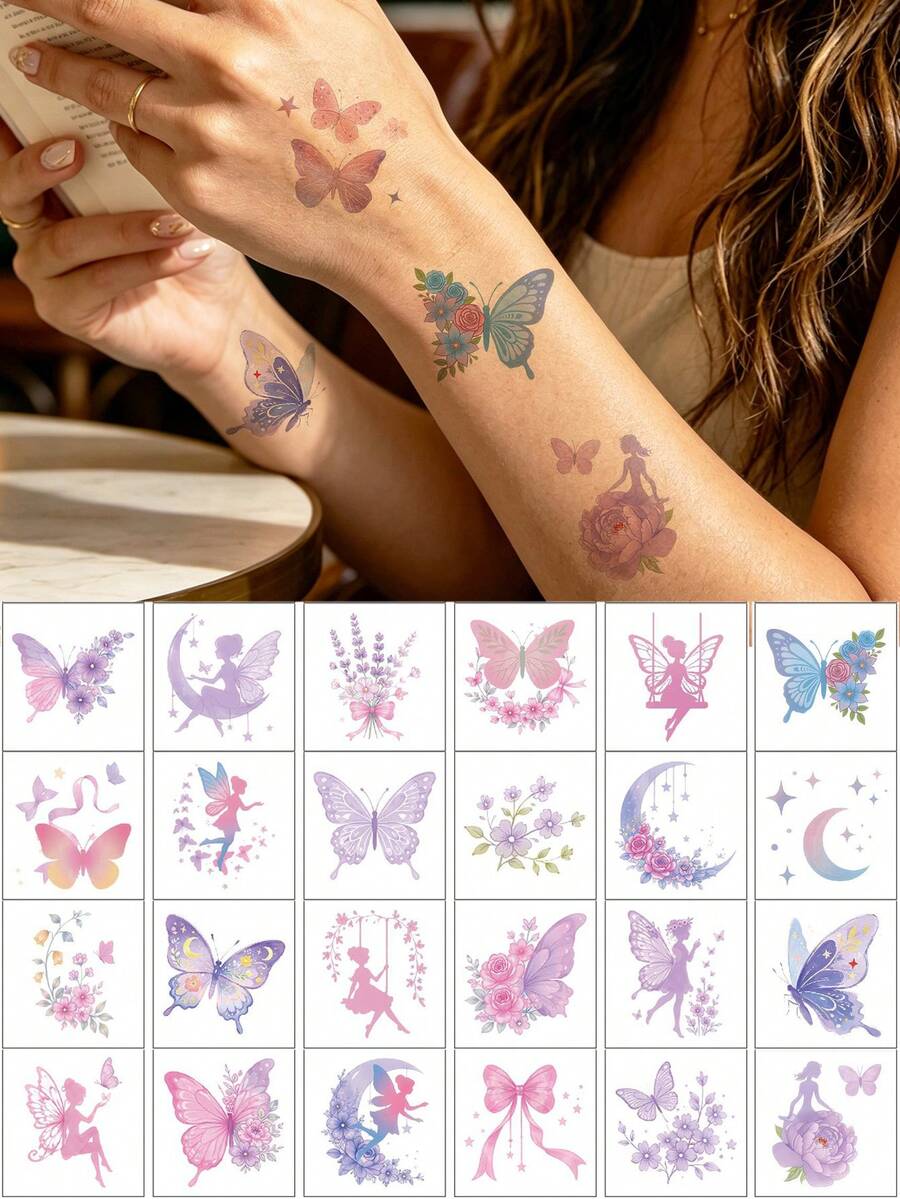 25pcs Butterfly & Flower Pattern Temporary Tattoos For Women Girl, Flower Fairy Tattoo Stickers For Face, Arm, And Body Decor, Waterproof Fairy Face Tattoos, Cute Fake Tattoos, Suitable For Valentine's Day, Festivals, Parties, Summer Dates, Cosplay - Multicolor - View 1