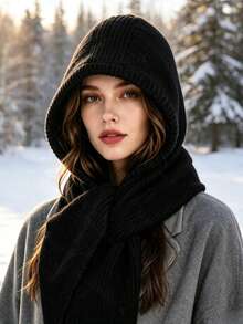 Hooded Knit Scarf, One‑Piece Hat Scarf Combo, Ribbed Knit Scarf With Hood, Winter Head And Neck Wrap Accessory, Multi‑Color Option For Cold Weather Daily Winter Outfit Matching - Multicolor - View 12