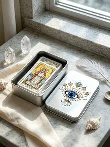 Evil Eye & Hamsa Hand Print Tarot Card Storage Tin Box, Portable Metal Tarot Deck Holder, Witch Astrology Oracle Card Box, Can Store Crystal Jewelry, Oracle Card Tin Box, Astrology Divination Accessories, Birthday, Halloween, Christmas Gift (Cards Not Included) - Multicolor - View 6