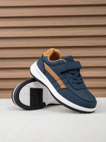 Boys' Colorblock Striped Casual Sneakers, Hook And Loop Easy On/Off Children's Sports Shoes, PU Upper Anti-Slip Low-Top Student Shoes - Blue - View 5