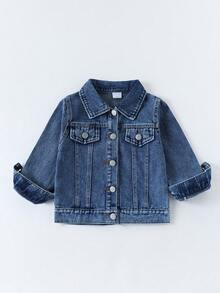 Jaket Denim Anak dengan Gambar Kartun Mobil di Bagian Belakang, Kerah Lipat, Atasan Lengan Panjang Kasual untuk Anak Laki-laki - Medium Wash - View 2