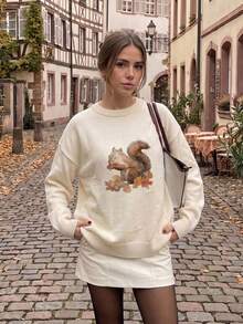 Women's Halloween Cute Squirrel Pattern Knitted Pullover Sweater, Loose Fit, Autumn Back To School Daily Date Outfit - Apricot - View 4