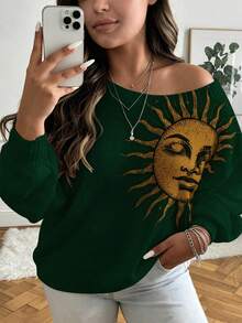 ASHKATIA Women's Plus-Size Knitted Top With Emerald Sun Pattern Print, Off-Shoulder, Autumn And Winter Lantern Sleeve Top - Multicolor - View 7