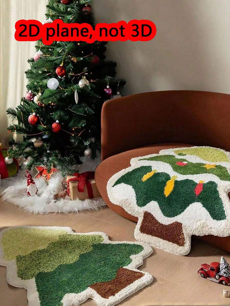 1pc Christmas Tree Pattern Faux Cashmere Bath Mat, Absorbent Bathroom Rug & Decorative Entryway Carpet, Suitable For Living Room, Bathroom And Bedside Christmas Decor - One Size Fits All - View 1