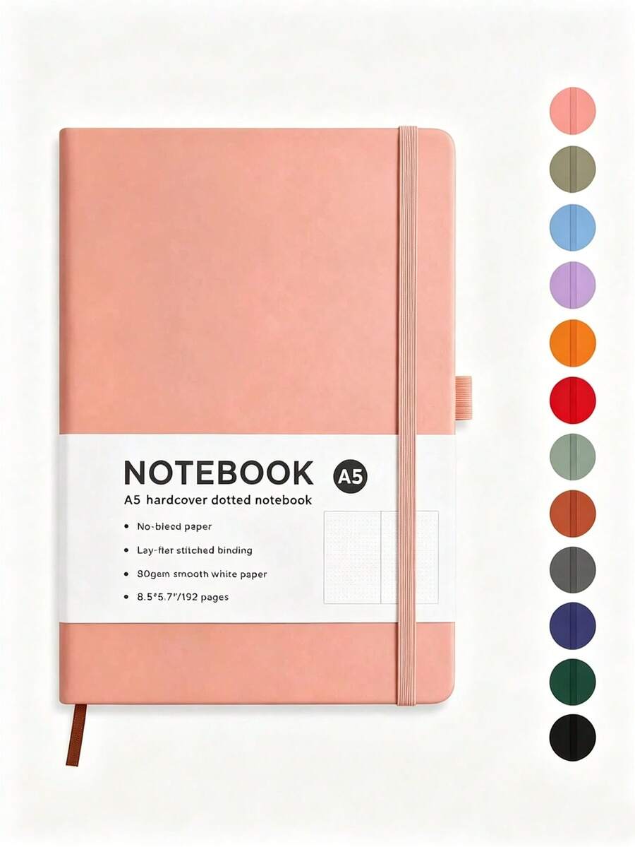 1pc A5 Hardcover Dot Grid Notebook (192 Pages Bullet Journal), With Elastic Band And Pen Holder, Portable Design, Suitable For Writing, Planning, Journaling, School, Office And Learning - A5 - View 1