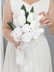 White Pearl Tulip Bridal Bouquet(8.66inch)With Pearl Decoration, Lace Bow Artificial Flower For Wedding Party Prom Gift - Multicolor - View 8