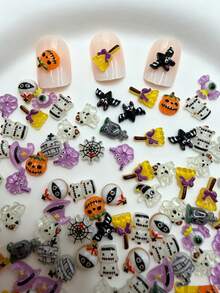 Autumn Halloween Series Cartoon Resin Nail Art Charms, Styles Include Pumpkin Head, Ghost Candy, Witch Magic Hat, Randomly Assorted, Random Colors, Total Quantity 100pcs/50pcs, DIY Wearable Nail Accessories For Girls - Multicolor - View 7