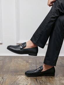 Men's Loafers Slip-On Slouchy Woven Fashion Casual Shoes Versatile - Black - View 3