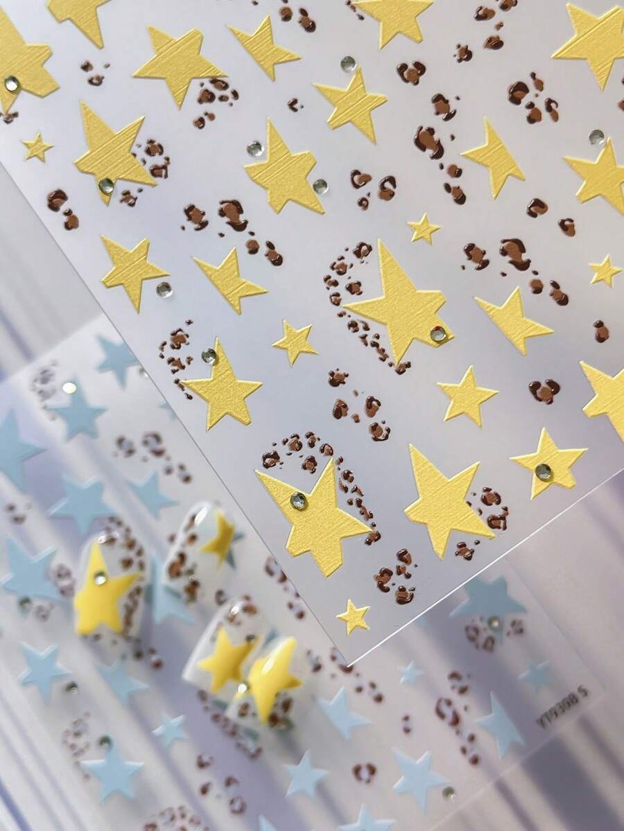 1Sheet Y2K Rhinestone‑Accented Gold Hot‑Stamping Star Self‑Adhesive Nail Stickers, Leopard Spot Mix, Mixed Multi‑Size, DIY Nail Decorations For Daily Party Holiday - Multicolor - View 1