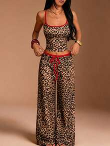 Women's Brown Leopard Print Red Contrast Trim 2 Pieces Set, Cropped Camisole Top With Drawstring Wide Leg Pants, Suitable For Streetwear - Brown - View 1