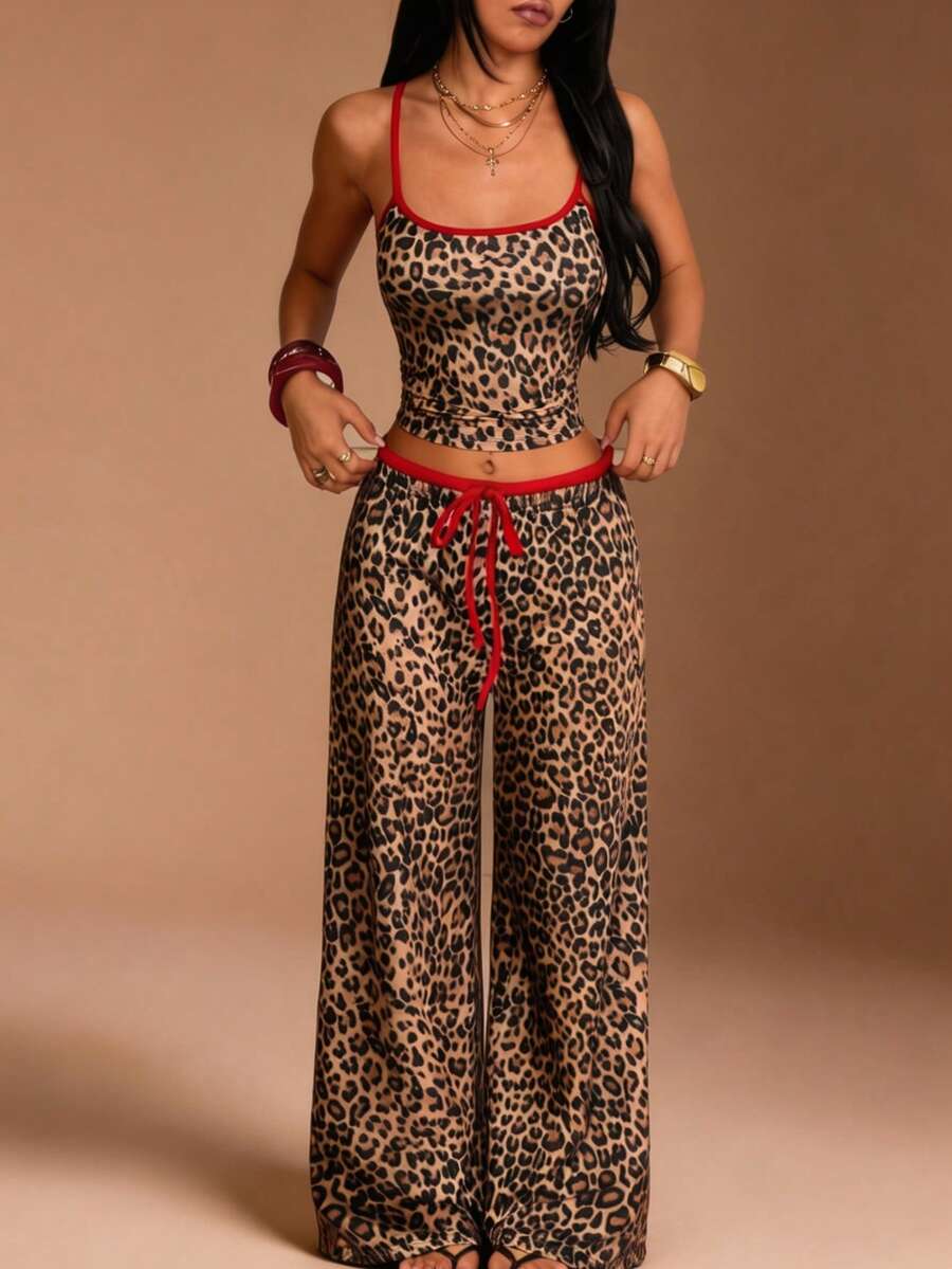 Women's Brown Leopard Print Red Contrast Trim 2 Pieces Set, Cropped Camisole Top With Drawstring Wide Leg Pants, Suitable For Streetwear - Brown - View 1