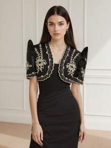 Modern Filipiniana Women's Spring/Summer Floral Print Ruffle Puff Sleeve Cropped Cardigan, Black Party Wedding - Black - View 2