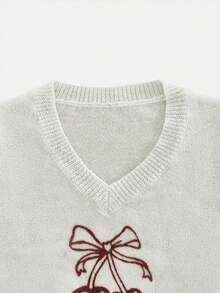Women's V-Neck Contrast Color Cherry Print Knit Top, Cute Comfortable Slim Fit Short Sweater, Suitable For Autumn/Winter - White - View 8