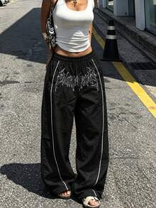 Women's Black Printed Wide Leg Sweatpants, Contrast Trim, Elastic Drawstring Waist, Casual Streetwear Long Pants - Black - View 2