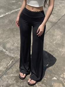 Fashion Slim Fit Flare Leg Pants, High Waist High Elastic Lace Waist Design, Soft Polyester Long Pants, Suitable For Commuting, Fitness, And Casual Wear - Black - View 2