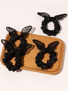 4pcs Black Lace Rabbit Ear Elastic Hair Ties Hair Bands Hair Accessories, Daily Versatile Style - Multicolor - View 1
