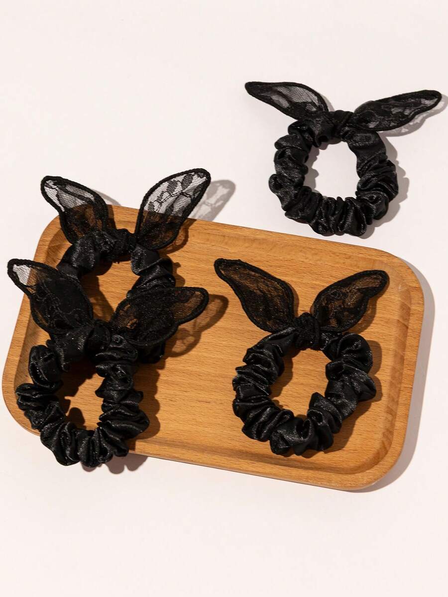 4pcs Black Lace Rabbit Ear Elastic Hair Ties Hair Bands Hair Accessories, Daily Versatile Style - Multicolor - View 1