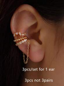 3pcs/Set Shiny Zirconia Chain Ear Clips Set, Multi-Layer Stackable Rhinestone Stud Earrings For Women, Versatile For Daily Wear, Date And Party - Gold - View 2