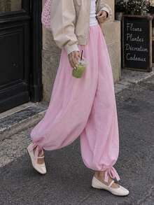 Damen Herbst/Winter Y2K Hose mit hoher Taille und Harem-Schnitt, mit Knöchel-Schleifen-Details, lässig locker geschnitten, für Urlaub und Alltag, lange Hose. - Pink - Übersicht 3