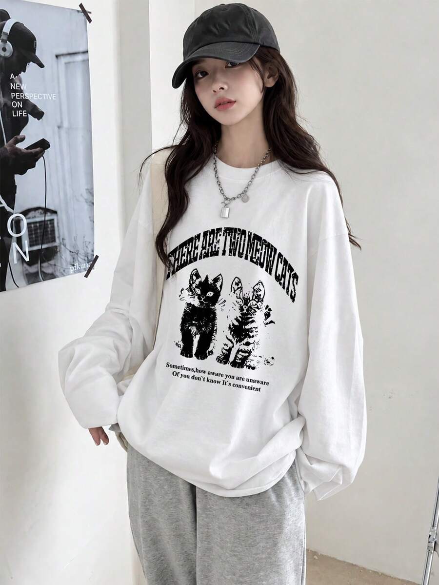 女款時尚春秋純棉寬鬆百搭字母與貓咪印花長袖T恤