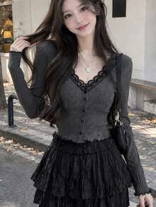 Women's Short V-Neck Long Sleeve T-Shirt, Contrast Lace Trim Ribbed Fabric, Slim Fit Autumn Top - Dark Grey - View 1