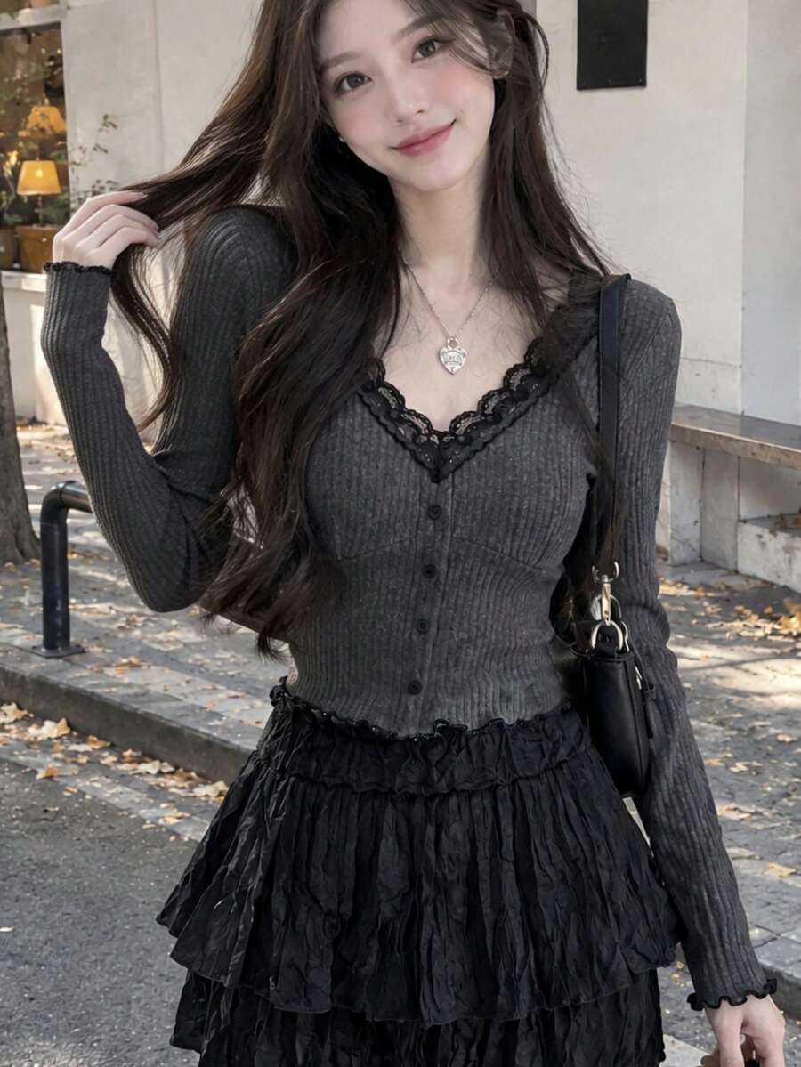 Women's Short V-Neck Long Sleeve T-Shirt, Contrast Lace Trim Ribbed Fabric, Slim Fit Autumn Top - Dark Grey - View 1