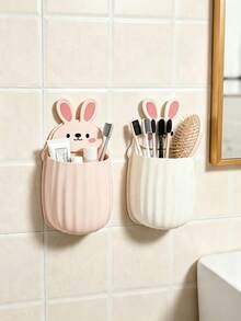 1pc Cute Rabbit Wall-Mounted Toothbrush And Toothpaste Holder,Space-Saving Bathroom Storage Rack,Multiple Colors,Bathroom Sink Organizer,Hairbrush And Makeup Brush Holder,Wall Storage Box,Home Vanity Organization,No-Drill Storage - Multicolor - View 6