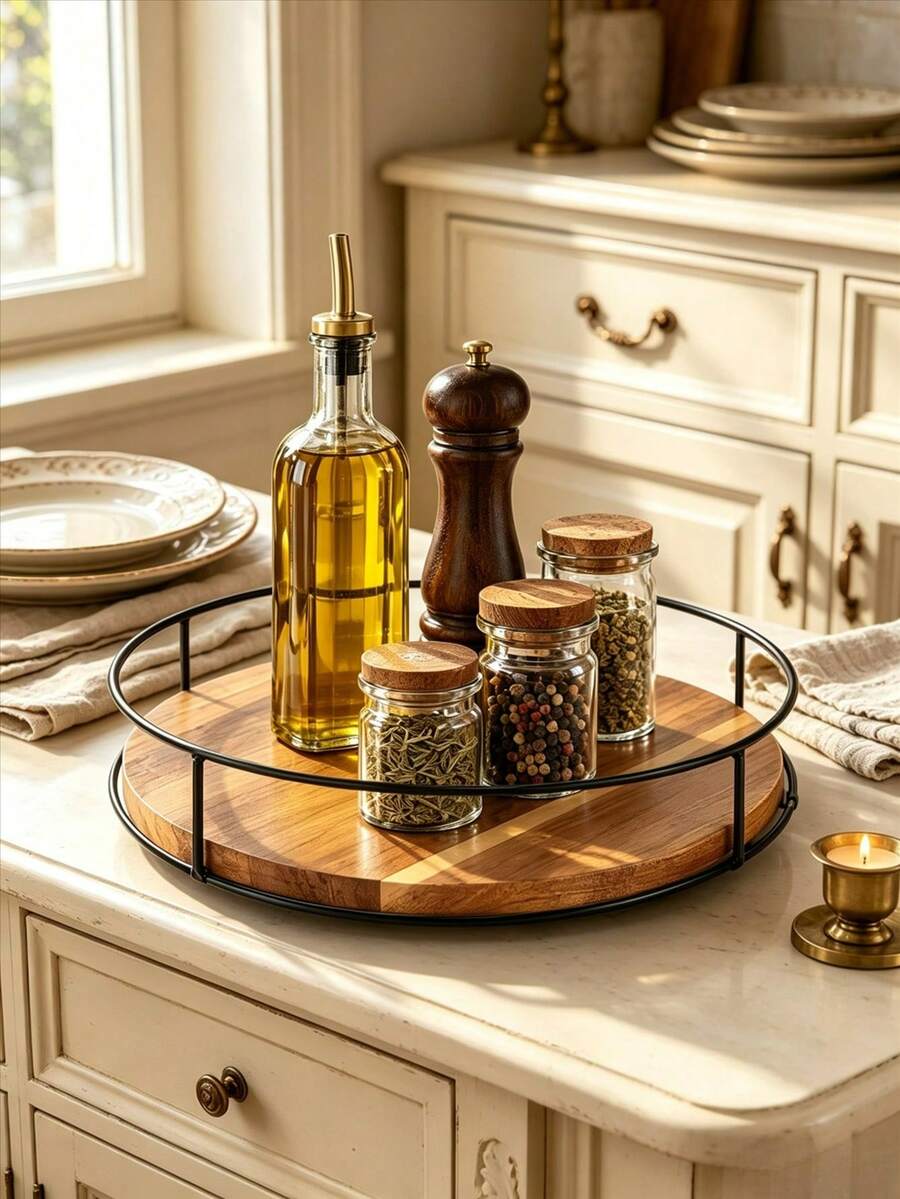 1pc Round Wooden Tray With Black Metal Frame, Decorative Wooden Tray, Multi-Functional Desktop Organizer, Suitable For Coffee, Cosmetics, Spices, Bathroom And Vanity, Rustic Home Decor Display Tray - Wood Rotating Storage Rack - View 1