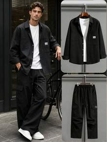 Men's American Workwear 2 Pieces Set, Turn-Down Collar Multi-Pocket Patch Long Sleeve Shirt + Drawstring Straight Leg Cargo Pants, Multi-Pocket Casual Outfit - Black - View 1