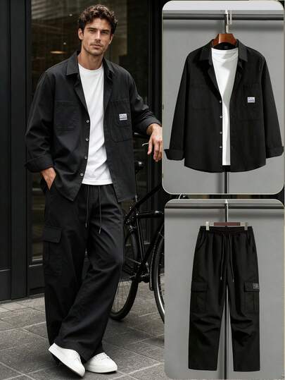 Men's American Workwear 2 Pieces Set, Turn-Down Collar Multi-Pocket Patch Long Sleeve Shirt + Drawstring Straight Leg Cargo Pants, Multi-Pocket Casual Outfit