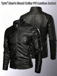Men's PU Leather Motorcycle Jacket, Slim Fit Motorcycle Style Stand Collar Jacket, Fashion Quilted Detail Casual Jacket, Lightweight Spring/Autumn Windbreaker - Black - View 1