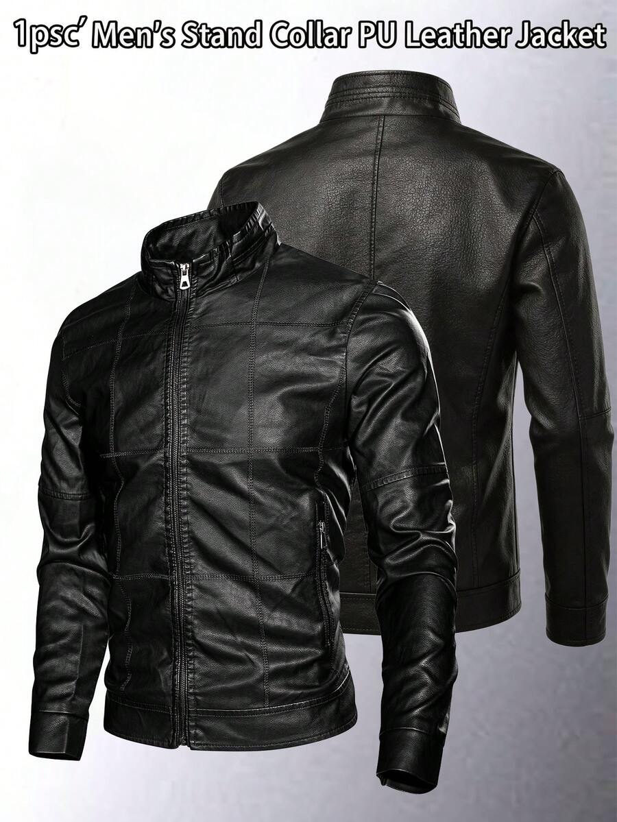Men's PU Leather Motorcycle Jacket, Slim Fit Motorcycle Style Stand Collar Jacket, Fashion Quilted Detail Casual Jacket, Lightweight Spring/Autumn Windbreaker - Black - View 1