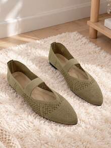 Women Pointed Toe Mary Jane Flats With Elastic Strap - Green - View 3
