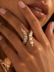 outingfit 1pc Women's Elegant Pearl & Rhinestone Leaf Ring, Sparkling Personalized Open Band, Suitable For Wedding, Party, Ball, Date - Silver - View 3