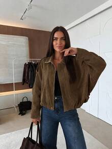 Urban Casual Solid Color Front Zipper Pocket Jacket, Relaxed Long Sleeve Jacket, Suitable For Spring And Autumn - Bronze - View 1