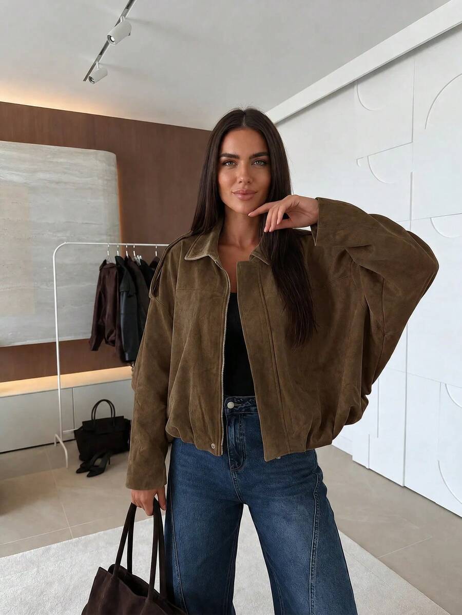 Urban Casual Solid Color Front Zipper Pocket Jacket, Relaxed Long Sleeve Jacket, Suitable For Spring And Autumn - Bronze - View 1