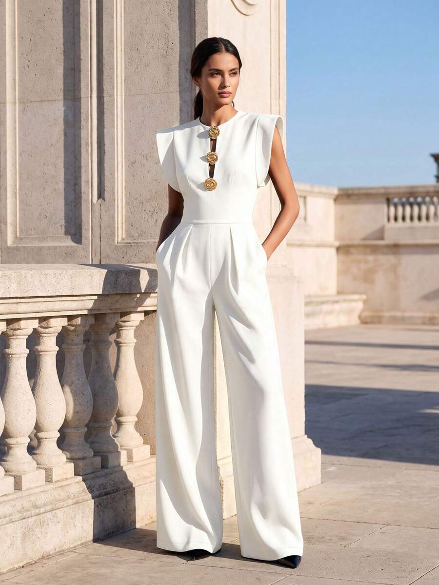 Mono de tela tejida de unicolor, elegante y minimalista, con botones delanteros y bolsillos con cremallera, adecuado para uso de oficina en primavera/verano, color blanco - Blanco - Ver 1