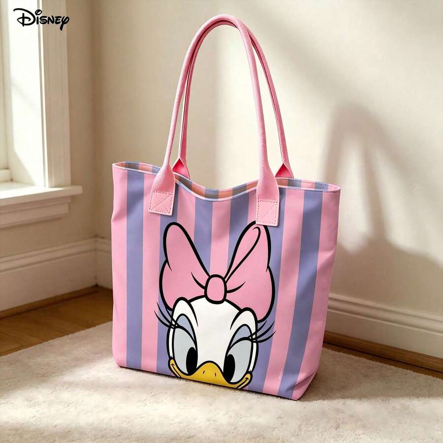Miniso Disney Daisy Duck 手提肩背筆電包,粉紫色條紋印花日常單肩包 - 粉色 - 查看 1